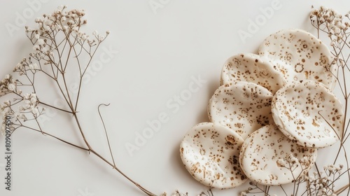  A collection of food items arranged on a table, accompanied by a white surface displaying dried flowers
