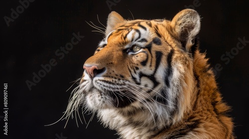   A tight shot of a tiger s visage against a pitch-black backdrop  softened by a blurring effect