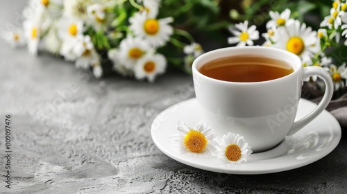  A cup of tea atop a saucer, next to a bouquet of daisies on the table
