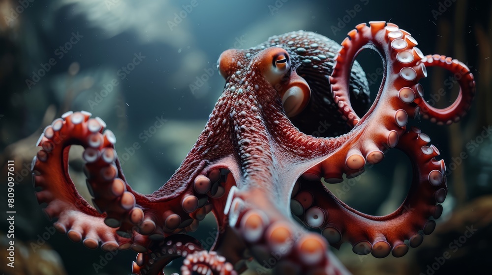 A tight shot of an octopus in an aquarium, holding a fish in its mouth, with another octopus visible behind A tight shot of an octopus in an aquarium, holding a fish in its mouth, with another octopus visible behind