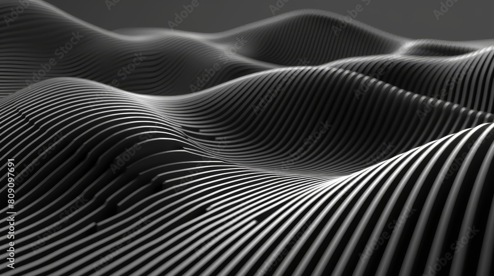   A monochrome image of undulating waves on a textured, wavy surface against a uniformly dark-toned backdrop