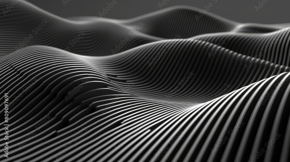 A monochrome image of undulating waves on a textured, wavy surface against a uniformly dark-toned backdrop A monochrome image of undulating waves on a textured, wavy surface against a uniformly dark-toned backdrop