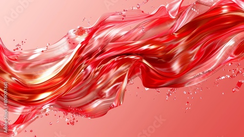  A tight shot of a red-and-white wavy pattern against a pink backdrop, featuring bubbles in the inferior wave half