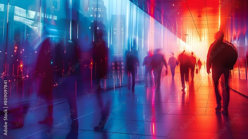 Blurred image of businesspeople walking in city office with blue color tone. Concept Corporate Lifestyle, Blurred Background, Blue Tones, Office Environment, Businesspeople Walking