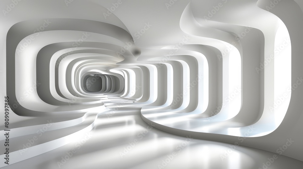 A long tunnel with white walls is illuminated by a brilliant light at its end A long tunnel with white walls is illuminated by a brilliant light at its end