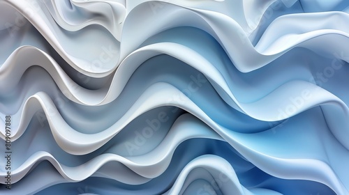   An abstract backdrop of blue and white features wavy lines resembling undulating waves