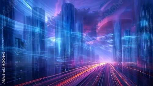 D rendering of futuristic cityscape with abstract highway and binary towers. Concept Futuristic Cityscape  3D Rendering  Abstract Highway  Binary Towers