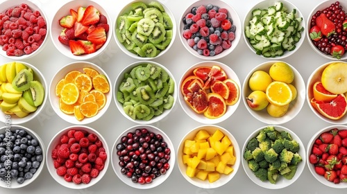 colorful fruit salad bar on isolated background featuring red strawberries, green broccoli, and sliced oranges in white bowls