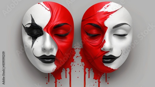   A woman wears two masks - one white, the other red - with blood trailing down their respective sides photo