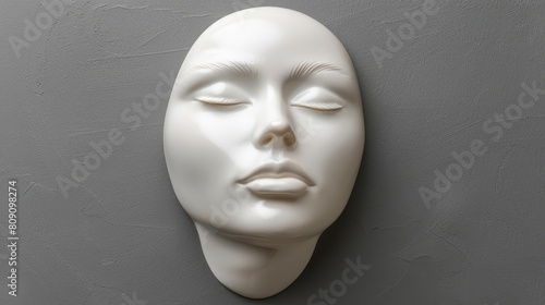  A white mannequin head, with eyes closed, against a gray wall on a uniform gray background