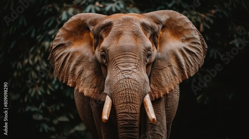   A close-up of an elephant s face with trees in the background