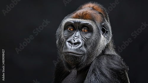  A tight shot of a gorilla's face, featuring orange and white hairs against a black backdrop