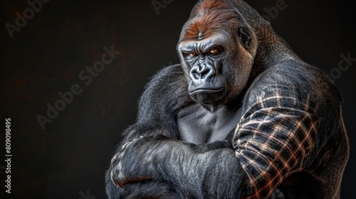   A gorilla in a checked shirt gazes seriously at the camera against a dark backdrop © Jevjenijs