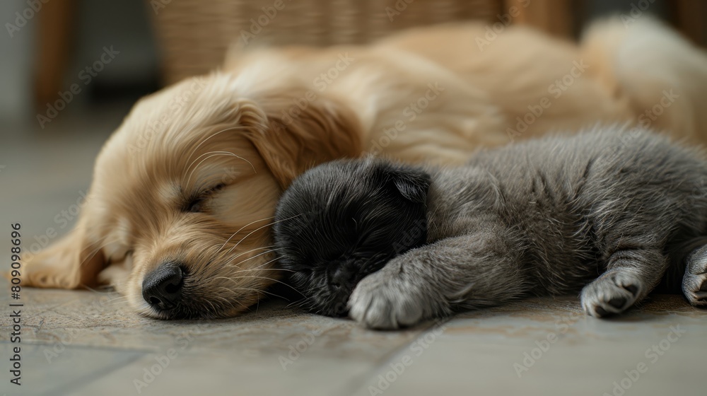 A cat and a dog sleep side by side on a tiled floor Nearby, a wicker basket and a wicker chair are placed A cat and a dog sleep side by side on a tiled floor Nearby, a wicker basket and a wicker chair are placed