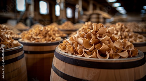   Two wooden barrels, brimming with ample pasta each, stand side by side © Jevjenijs