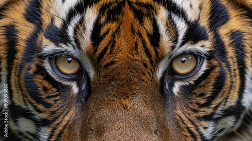   A tight shot of a tiger s visage  adorned with brown and black vertical stripes  framing its gaze