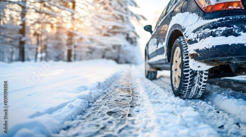  A car is parked by the roadside in the snow The tire is in the foreground