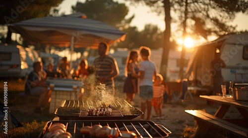 Summer fun: Family and friends enjoying a barbecue at a campsite 
