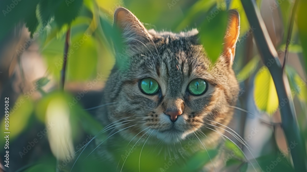   A tight shot of a feline with emerald eyes concealed among a tree's verdant foliage, as a branch obstructs the view