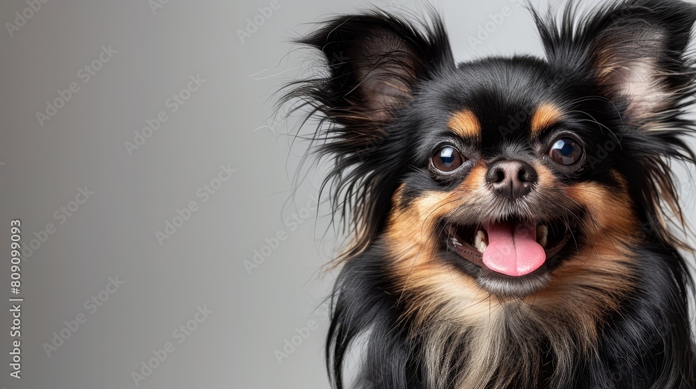   A small dog, black and brown, with tongue out and mouth wide open