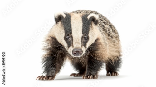  A tight shot of a small animal against a white backdrop, sporting a black-and-white facial stripe