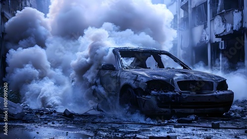 City car fire disaster with smoke and damage in an apocalyptic scene. Concept City, Car Fire, Disaster, Smoke, Damage