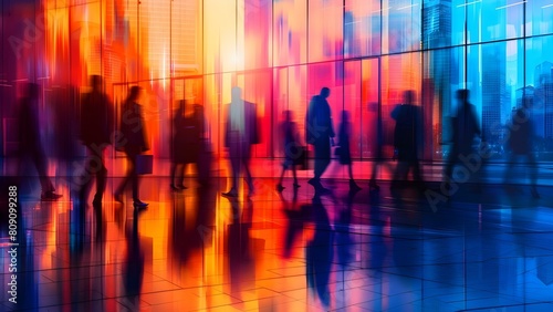 Blurry Image of Businesspeople Walking in City Office with a Blue Color Tone. Concept Business  Urban  Blurry  Blue Tone  Office