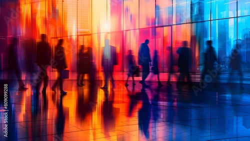 Blurry Image of Businesspeople Walking in City Office with a Blue Color Tone. Concept Business, Urban, Blurry, Blue Tone, Office