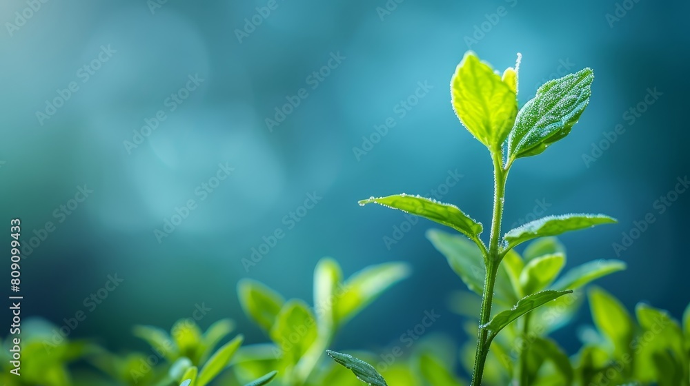   A tight shot of a green plant against a softly blurred backdrop of blue and green, featuring indistinct leaves and a hazy, blurry sky