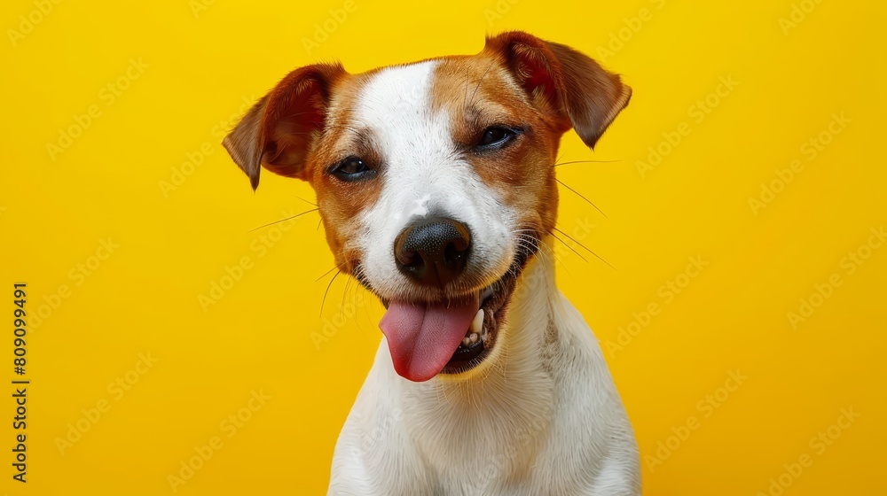 A detailed shot of a dog against a yellow backdrop, tongue extended and hanging loose A detailed shot of a dog against a yellow backdrop, tongue extended and hanging loose