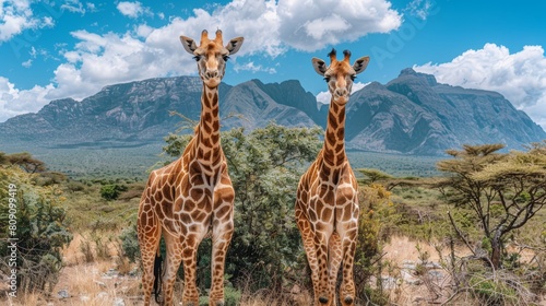  Two giraffes stand side by side in a field Background consists of trees and mountains