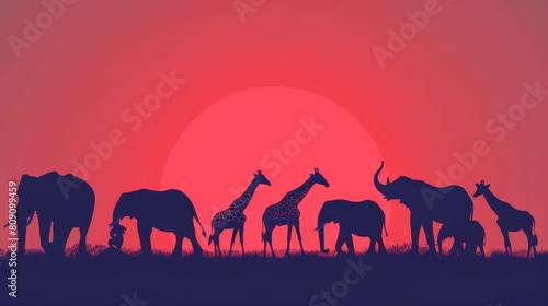  A silhouette of elephants and giraffes against an orange-pink sky, with the sun as the backdrop
