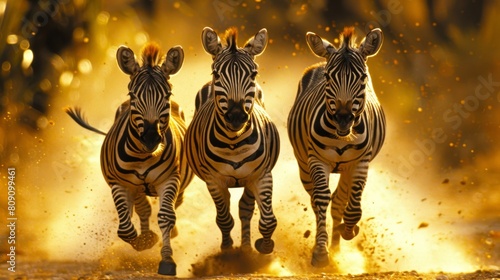   Three zebras gallop across a field of dirt and grass towards a grove of trees