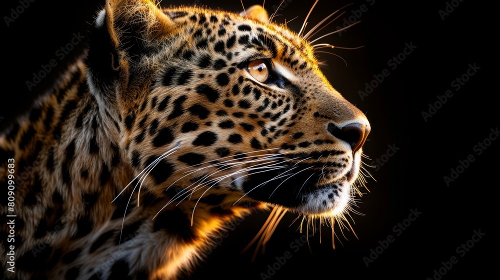   Close-up of a leopard's face against black backdrop, illuminated from above by soft light atop its head