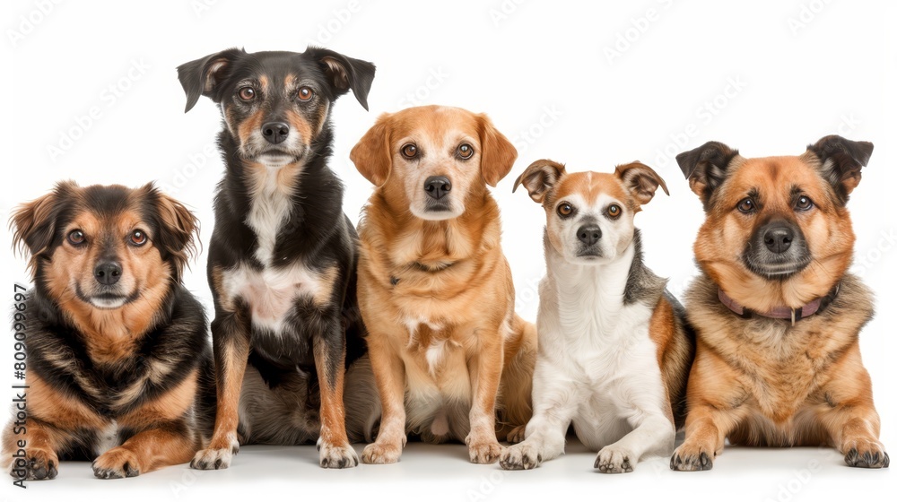 A collection of dogs seated together against a pristine white backdrop, one dog gazes directly at the camera A collection of dogs seated together against a pristine white backdrop, one dog gazes directly at the camera