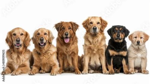   A collection of dogs seated together  facing the camera against a white backdrop  one dog gazes directly