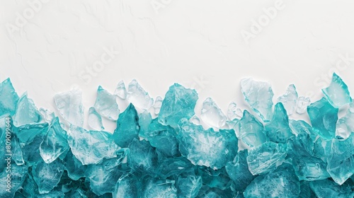   Close-up of ice crystals against white and blue backdrop; a wall in frame, purely white photo