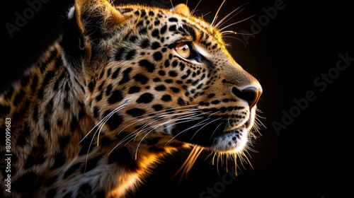   Close-up of a leopard's face against black backdrop, illuminated from above by soft light atop its head