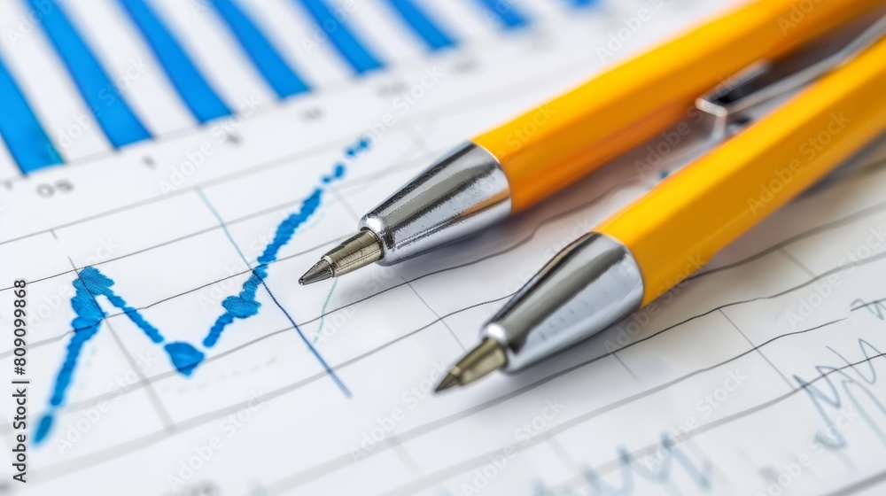 A tight shot of two pens poised above a paper sheet, backdrop of graph and bar chart A tight shot of two pens poised above a paper sheet, backdrop of graph and bar chart