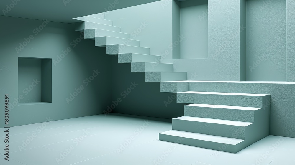 A set of stairs ascends to a light-blue-walled room's window, atop which rests a white tiled floor A set of stairs ascends to a light-blue-walled room's window, atop which rests a white tiled floor