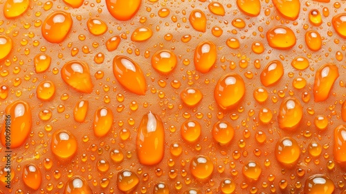  A collection of water droplets on an orange surface, featuring white specks at their bases