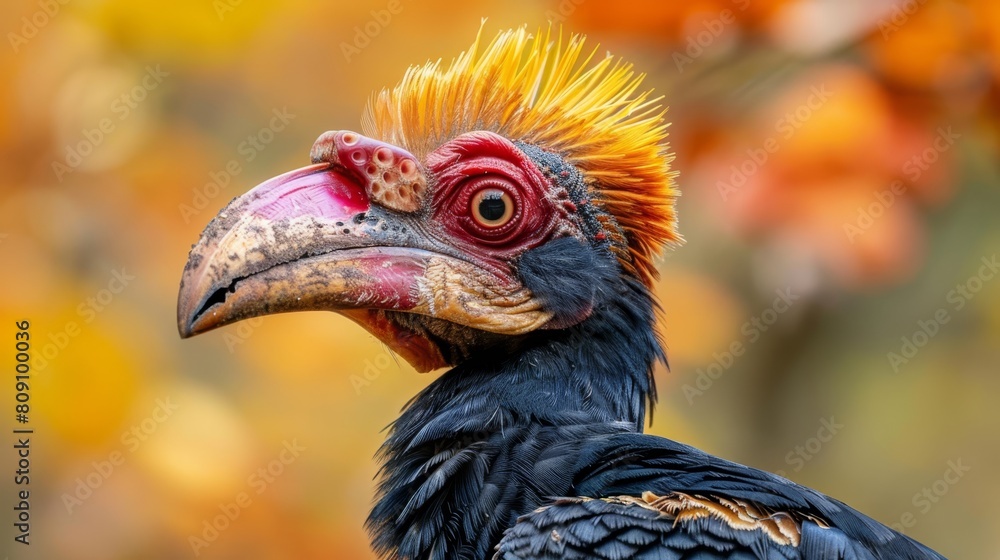 A tight shot of a bird with a red and yellow head, a black body, and a yellow-orange beak A tight shot of a bird with a red and yellow head, a black body, and a yellow-orange beak