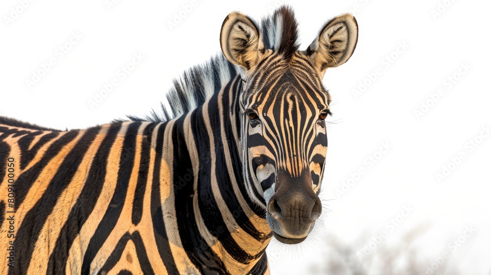 A tight shot of a zebra's head with trees in the background A tight shot of a zebra's head with trees in the background