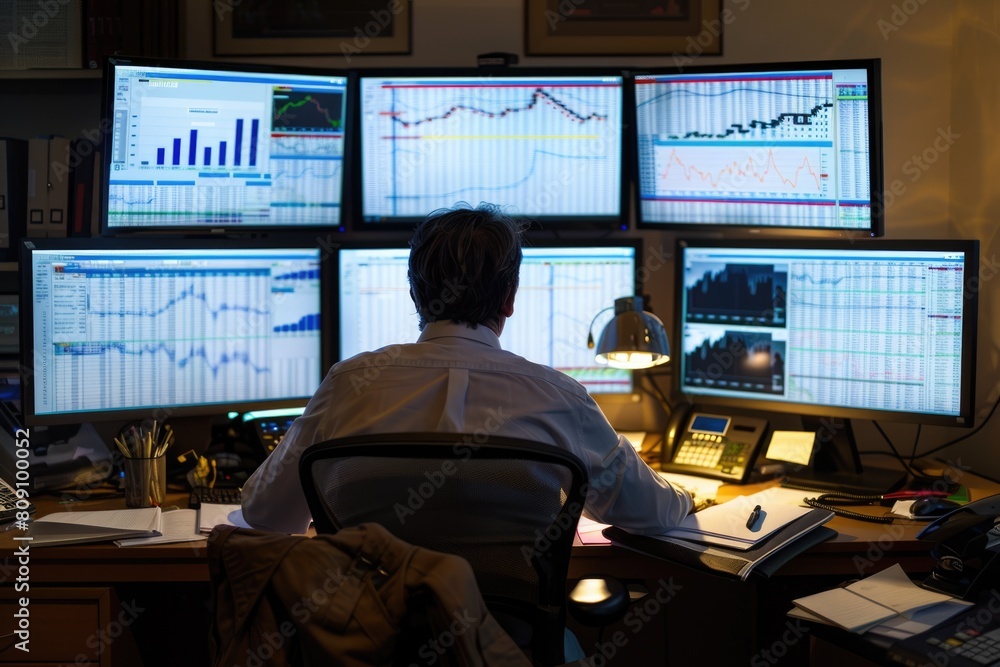 Investor examining detailed financial charts on multiple monitors, notes and coffee on desk, early morning, concentration in a private office Strategic and analytical focus