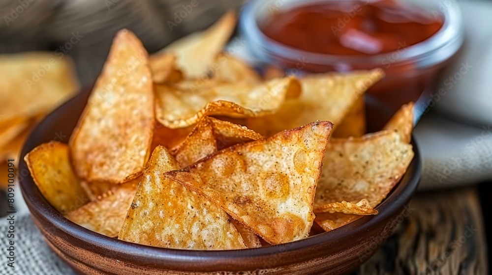 A tight shot of a bowl brimming with chips, accompanied by another bowl holding ketchup nearby, alongside a plate of chips A tight shot of a bowl brimming with chips, accompanied by another bowl holding ketchup nearby, alongside a plate of chips