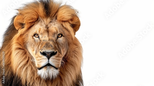   A tight shot of a lion s intense face  set against a pristine white backdrop
