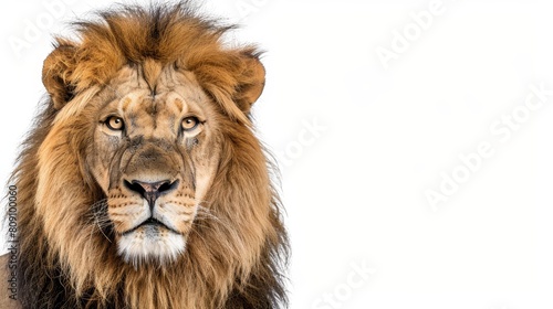   A tight shot of a lion's visage against a pristine white backdrop, its features softly obscured by a gentle blur © Jevjenijs