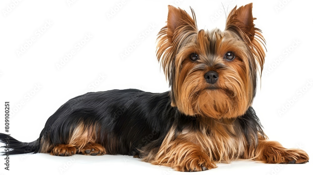 A small brown-and-black dog lies on a white floor beside a black-and-brown dog against a white background A small brown-and-black dog lies on a white floor beside a black-and-brown dog against a white background