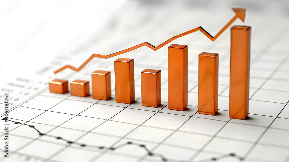 Growth bar chart with arrows pointing upward, indicating positive growth of financial statement and profit in investment, copy space and minimal background, use for presentation Growth bar chart with arrows pointing upward, indicating positive growth of financial statement and profit in investment, copy space and minimal background, use for presentation