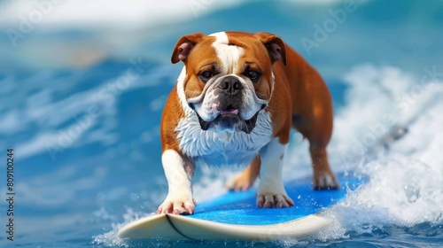   A brown-and-white dog atop a blue surfboard rides a wave in a watery expanse © Jevjenijs